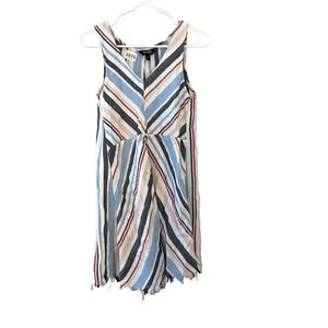 Indigo Rein Womens Linen Shift Dress Small Striped Sleeveless Fringe V Neck